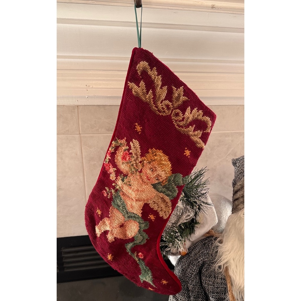 Vintage Needlepoint Christmas Stocking Imperial Elegance Cherub Angel Velvet 16”